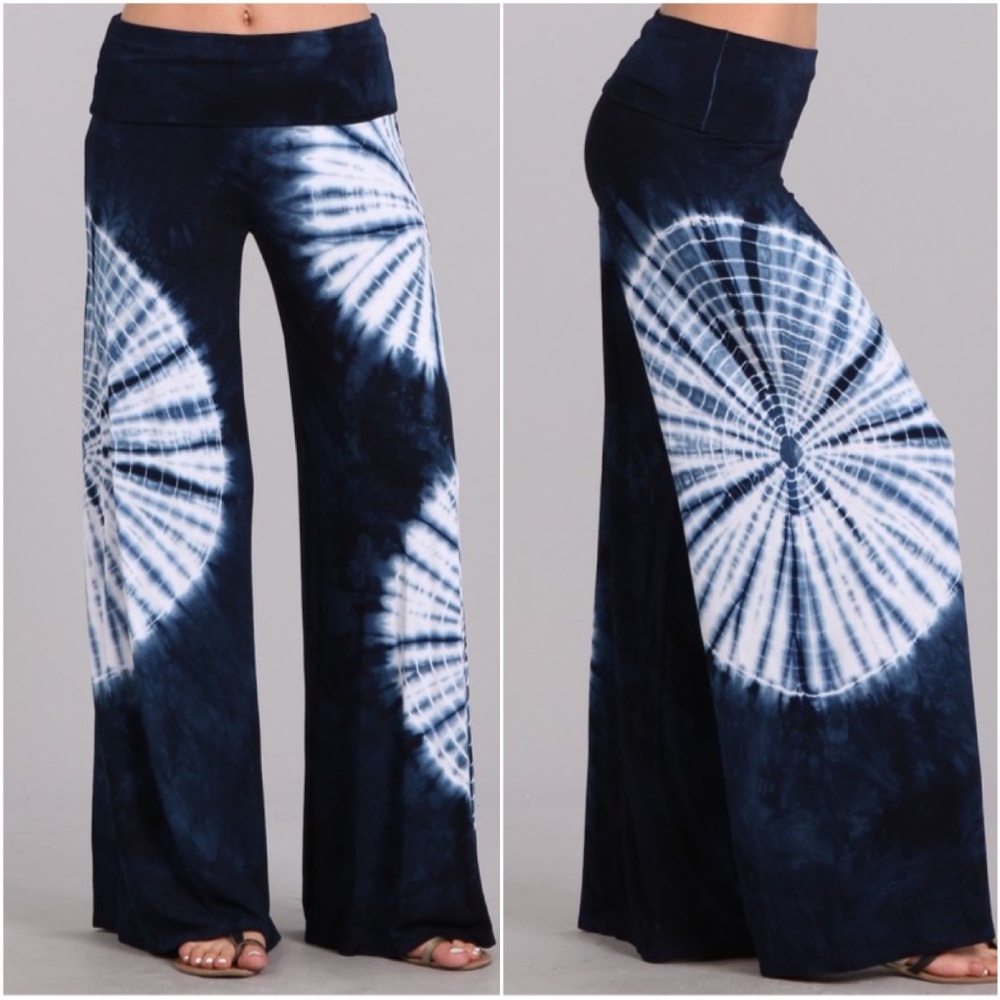 025 Bohemian Navy Blue Tie Dye Palazzo Wide leg Lounge Pants - Picture 1 of 2